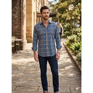 Vintage Peter Millar Mens Large Blue Plaid Button Down Shirt EUC